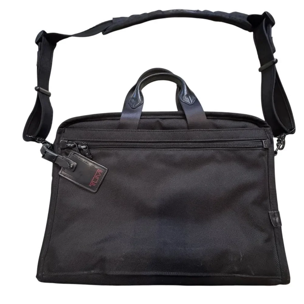 Tumi Black Nylon Laptop Briefcase 26114DH Shoulder Strap Name Tag Pacsafe